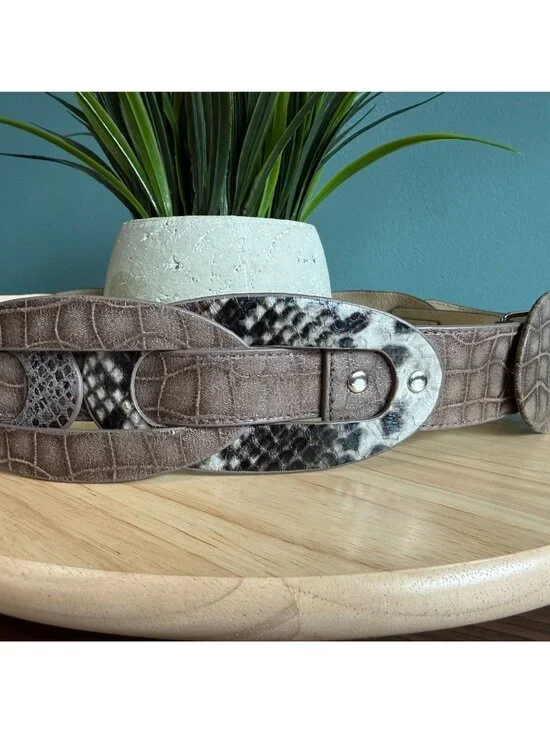 Chicos Belt M Brown Croc Embossed Faux Leather Belt With Snake Print Accents - Picture 5 of 16